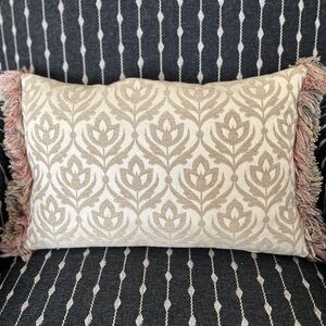 Cream and Taupe Damask Fringe Lumbar Pillow with Blush Accents